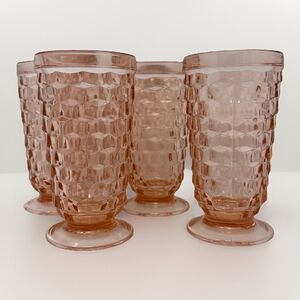 Pink Peach Indiana Glass Whitehall Colony Cubist 6” Footed Tumbler Set of 4